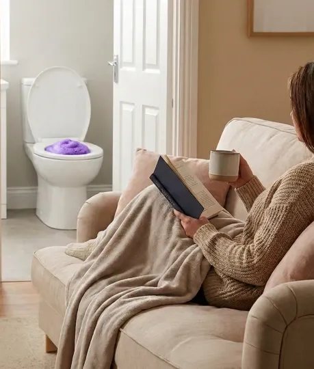 Frau liest entspannt auf dem Sofa, während im Bad der lila WC-Schaum wirkt