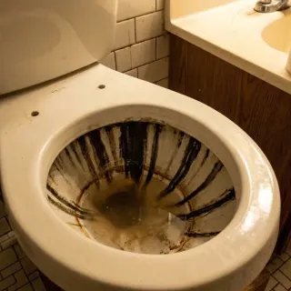 Toilette mit dunklen Ablaufschlieren unter dem Rand vor der Anwendung