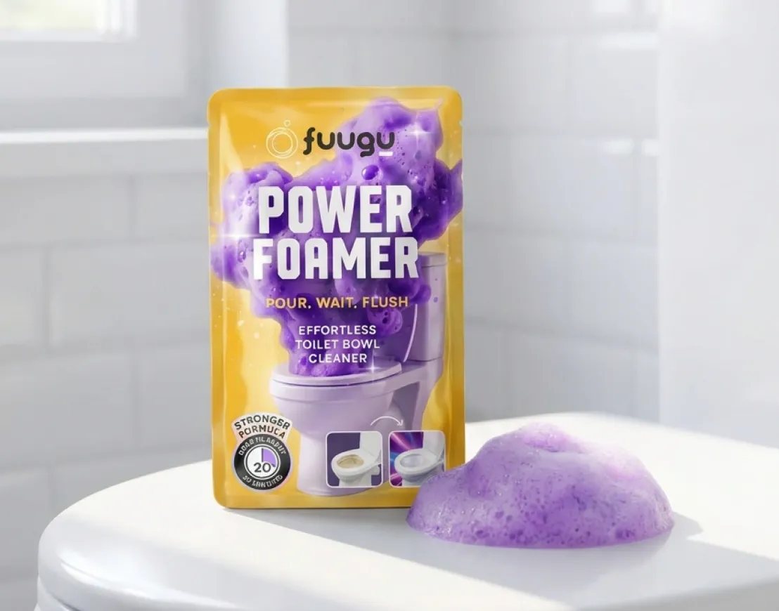 Fuugu-Beutel auf dem Toilettensitz, daneben lila Schaum