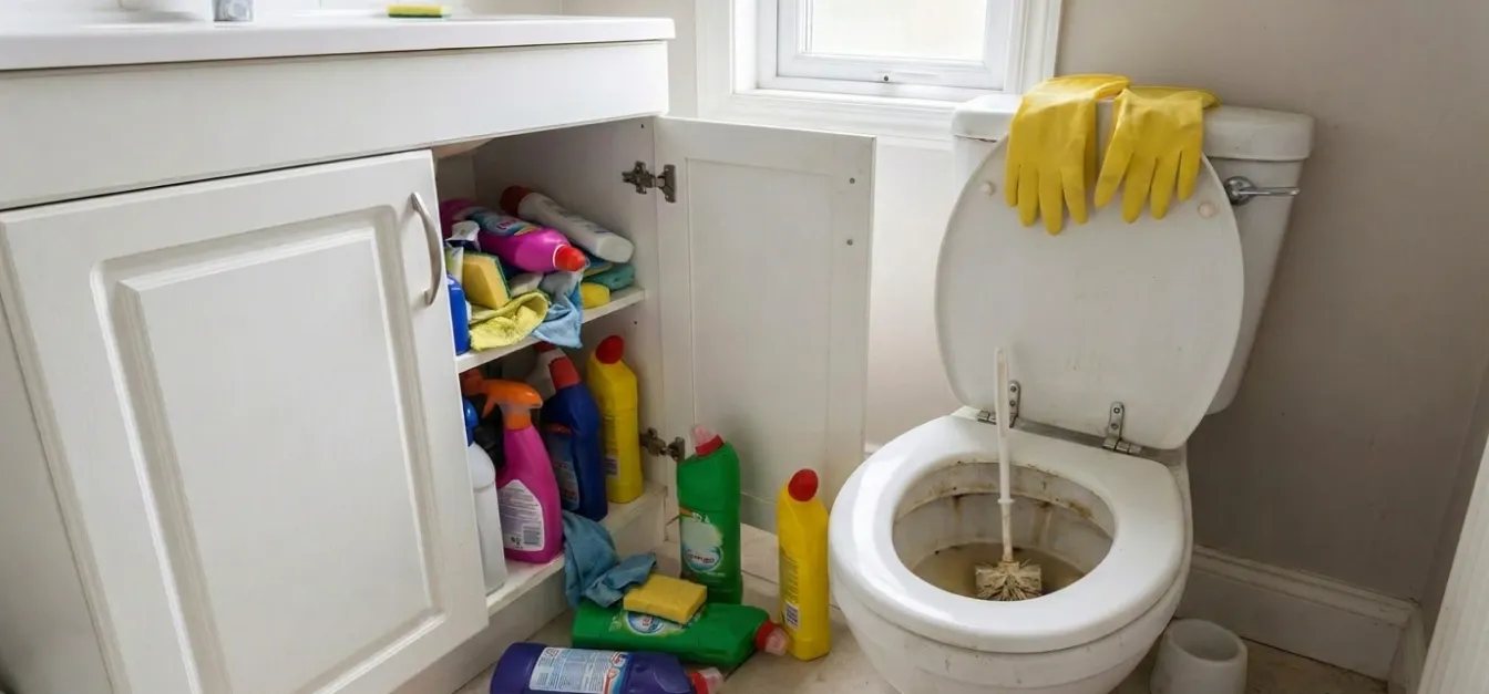 Unterschrank voller Putzmittel neben einer Toilette mit Klobürste