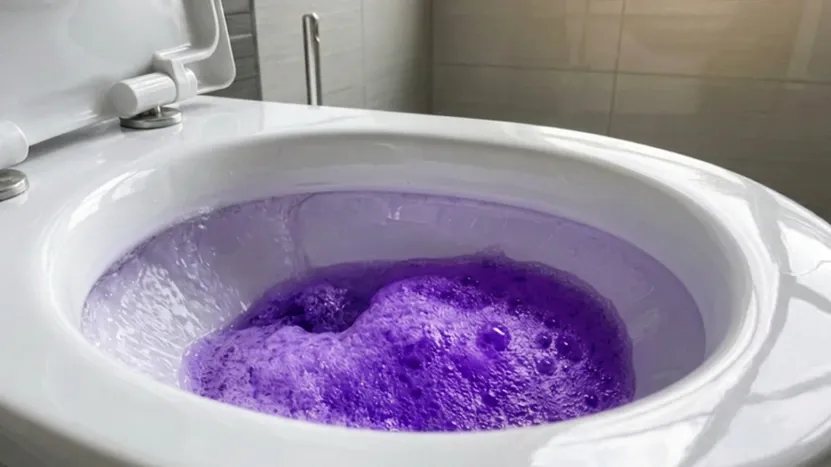 Lila WC-Schaum füllt die Toilettenschüssel